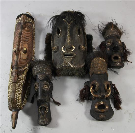 Five Sepik River wooden tribal masks, various